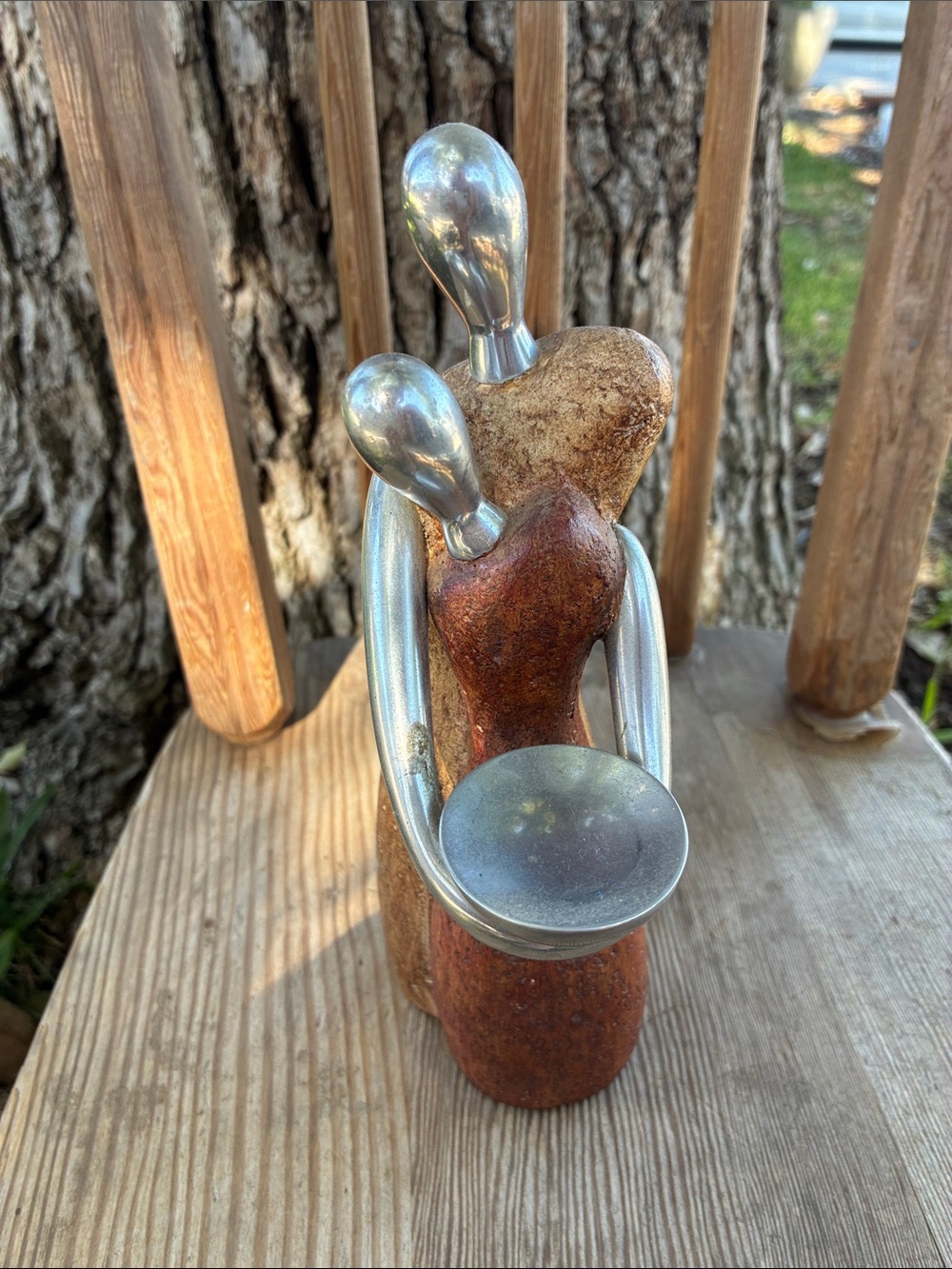 Abstract Rustic Brown and Silver Couple Sculpture - Home Art